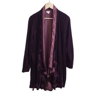Kyla Seo Black Cherry Maroon Velvet Embroidered Waterfall Cardigan Jacket Size S